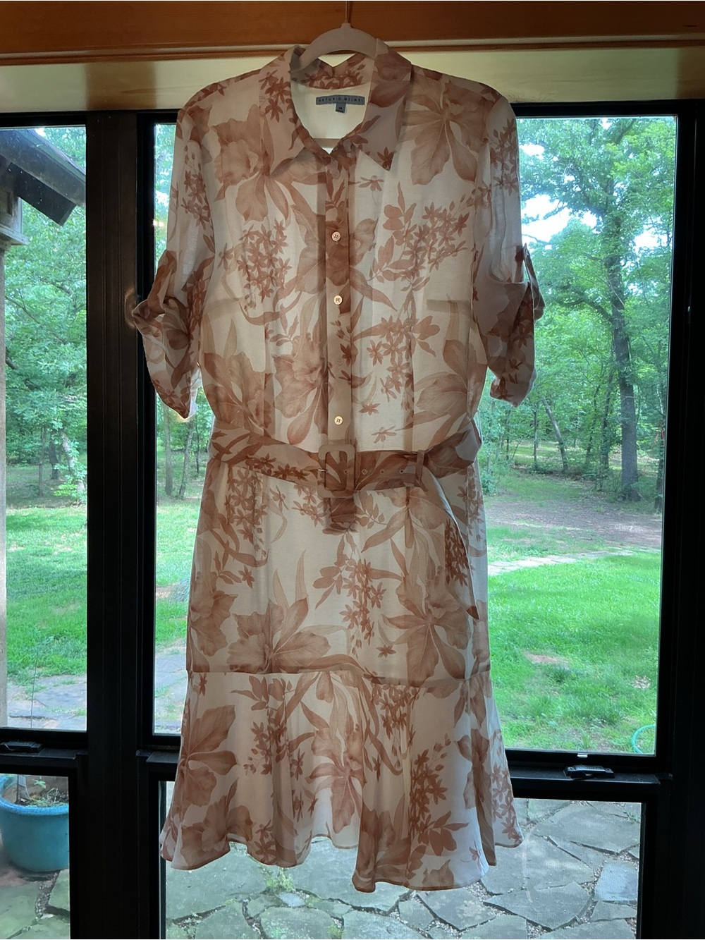 ANTONIO MELANI Cream and Tan Floral Midi Shirt Dress with Self-Tie Belt